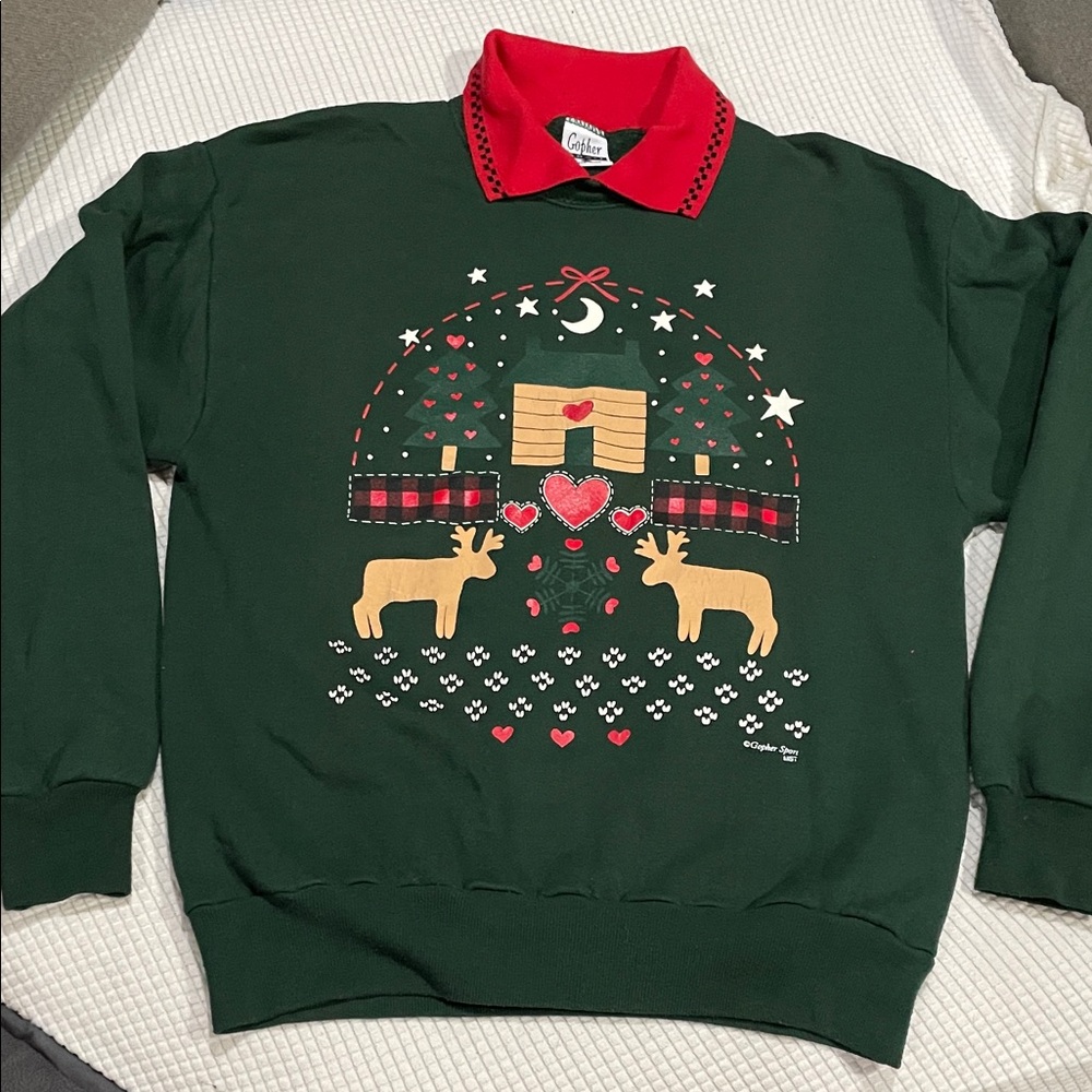 Vintage Christmas Holiday Green Sweater Red Collar with Moose & Heart Prints